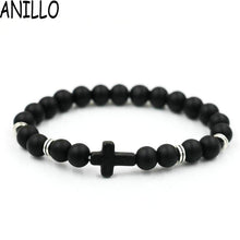 Stone Cross Men Bracelet Hand Work Black Onyx Volcano Matte Beaded Bracelets - Sellweyy
