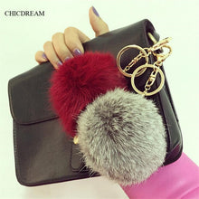 Rabbit Fur Keychain Ball PomPom Cell Phone Car Keychain Pendant Handbag Gold/Silver Metal Charm Key Ring - Sellweyy
