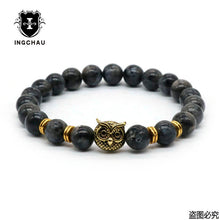 Owl Head Bracelet With Natural Black Lava Rock Stone Energy Men Beaded Bracelets - Sellweyy