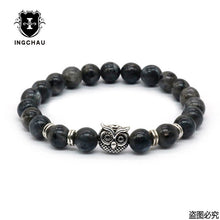 Owl Head Bracelet With Natural Black Lava Rock Stone Energy Men Beaded Bracelets - Sellweyy